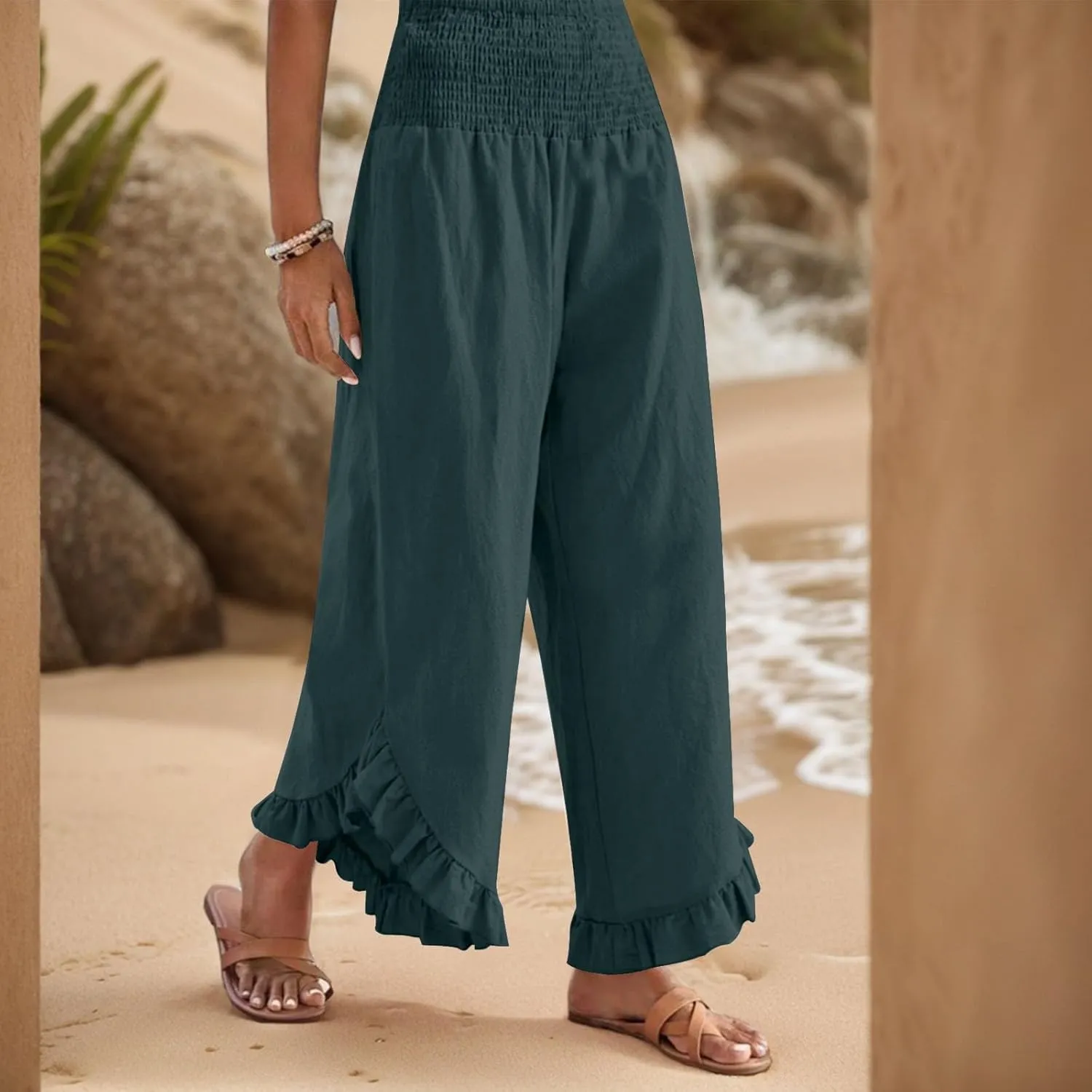 KIKX0DE Women's Wide Leg Linen Palazzo Pants Flowy Summer High Waisted Beach Casual Lightweight Trousers with Pockets