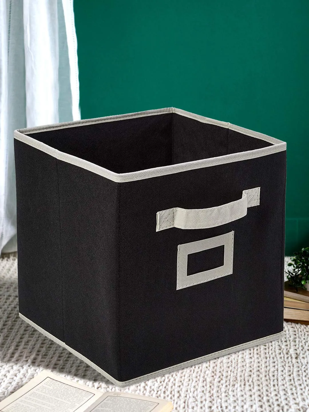 Kuber Industries KUBMART1853 Non Woven Fabric 2 Pieces Foldable Small Size Storage Cube Toy, Books, Shoes Storage Box with Handle, Extra Small (Black) Square
