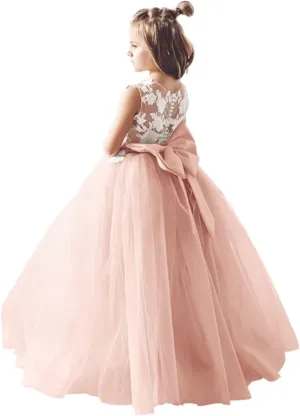 Lace Applique Tulle Flower Girl Dress for Wedding Bridesmaid First Communion Dresses Princess Pageant Party Gown