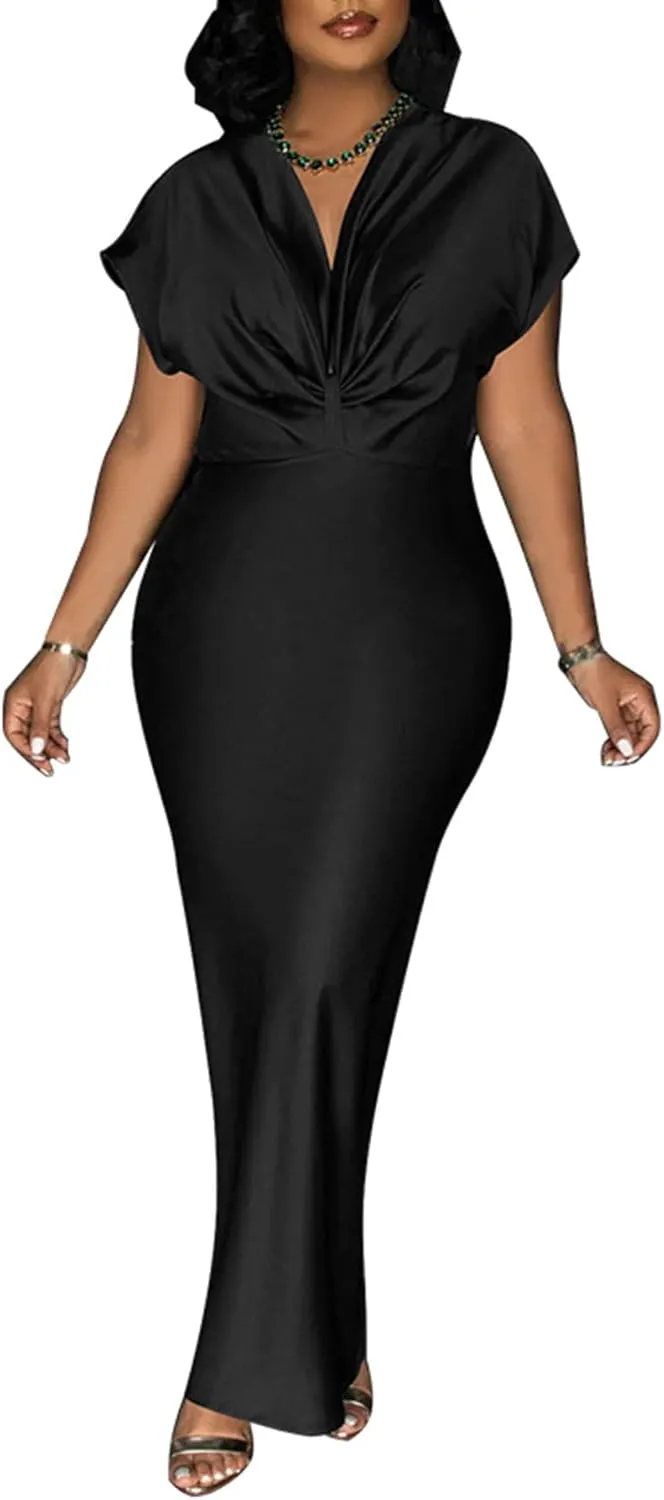 LAJIOJIO Women's Elegant Bodycon Maxi Dresses V Neck Short Sleeve Slit Long Evening Dress