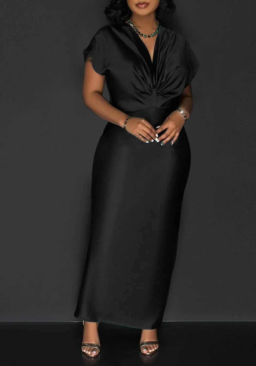 LAJIOJIO Women's Elegant Bodycon Maxi Dresses V Neck Short Sleeve Slit Long Evening Dress