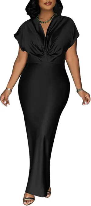 LAJIOJIO Women's Elegant Bodycon Maxi Dresses V Neck Short Sleeve Slit Long Evening Dress