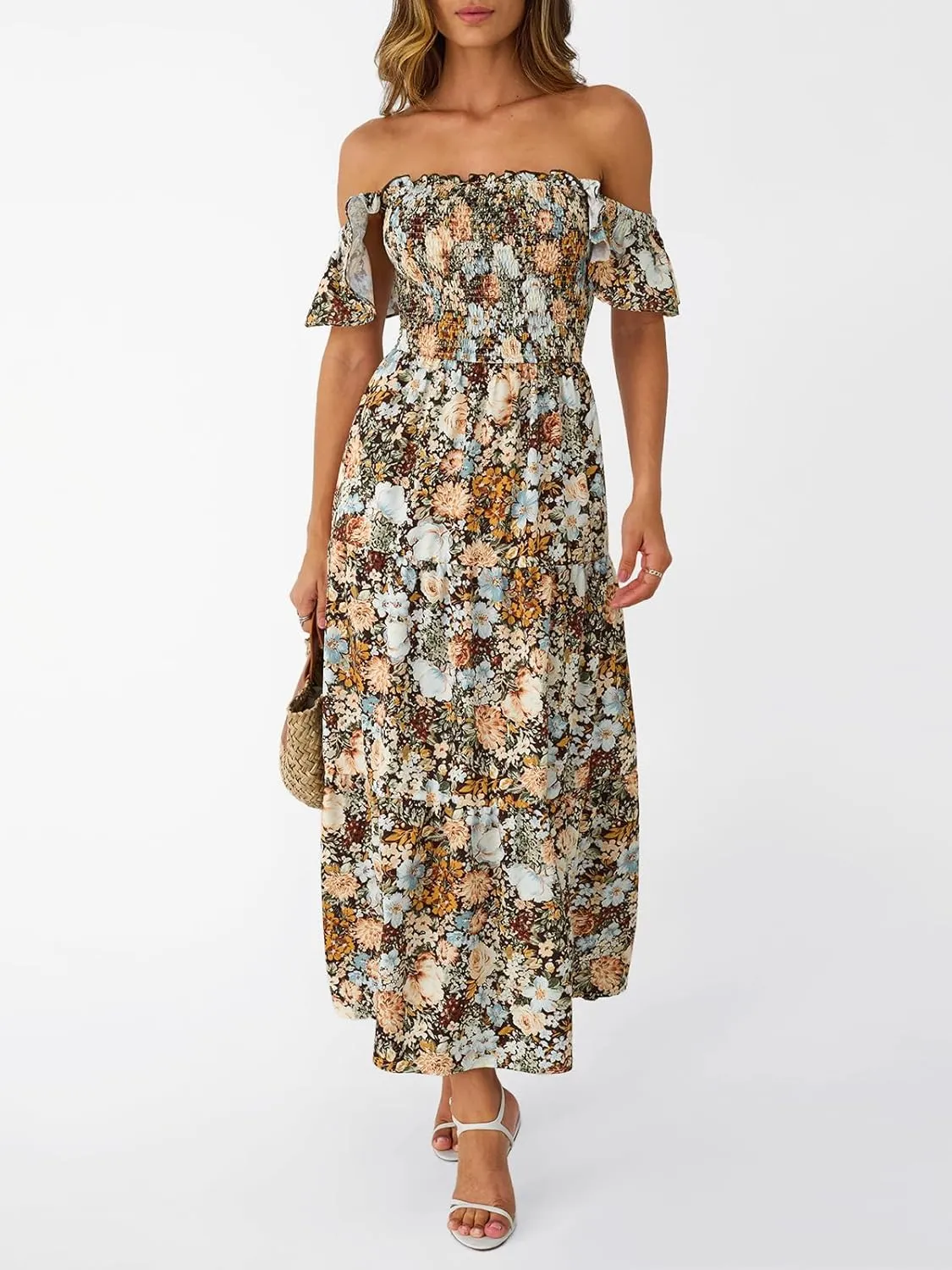 LILLUSORY Womens Square Neck Floral Ruffle Sleeve Maxi Dress 2025 Smocked Boho Vintage Sundress with Pockets