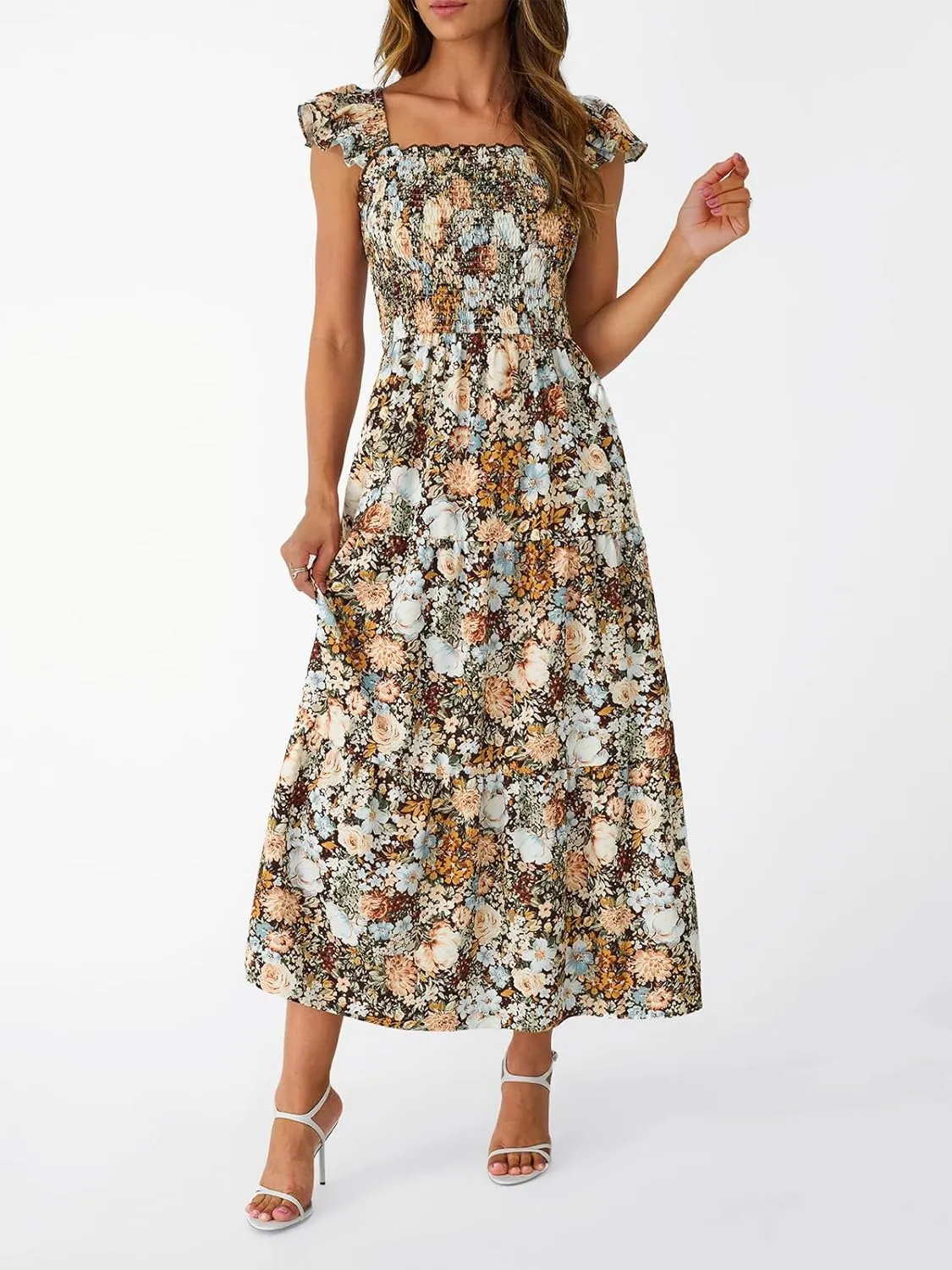 LILLUSORY Womens Square Neck Floral Ruffle Sleeve Maxi Dress 2025 Smocked Boho Vintage Sundress with Pockets