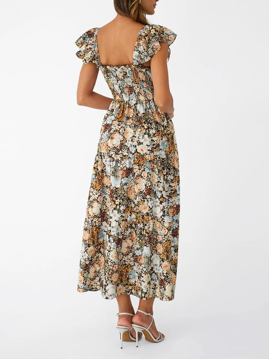 LILLUSORY Womens Square Neck Floral Ruffle Sleeve Maxi Dress 2025 Smocked Boho Vintage Sundress with Pockets