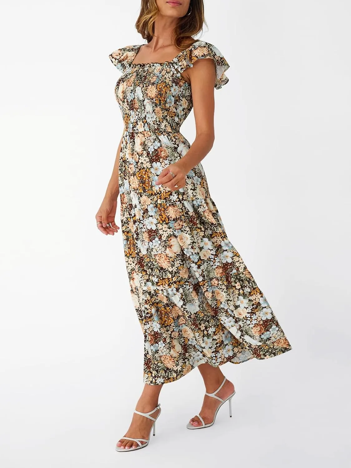 LILLUSORY Womens Square Neck Floral Ruffle Sleeve Maxi Dress 2025 Smocked Boho Vintage Sundress with Pockets