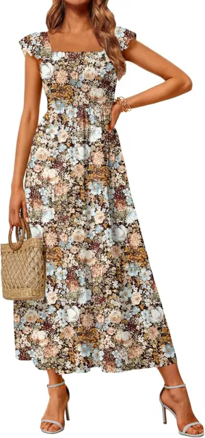 LILLUSORY Womens Square Neck Floral Ruffle Sleeve Maxi Dress 2025 Smocked Boho Vintage Sundress with Pockets