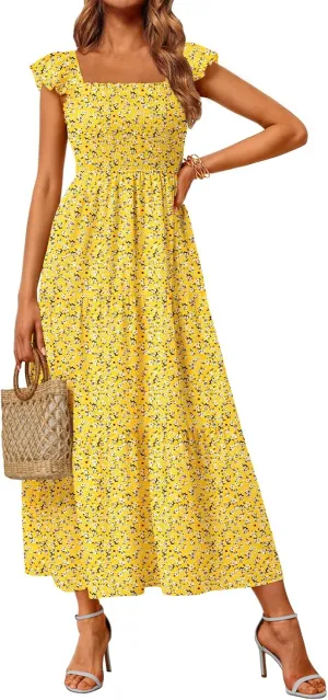 LILLUSORY Womens Square Neck Floral Ruffle Sleeve Maxi Dress 2025 Smocked Boho Vintage Sundress with Pockets