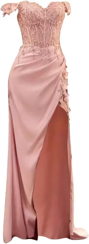 Lindo Novia Satin Mermaid Prom Dresses 2025 Lace Appliques Formal Gowns Evening Dresses for Women with Slit P1012