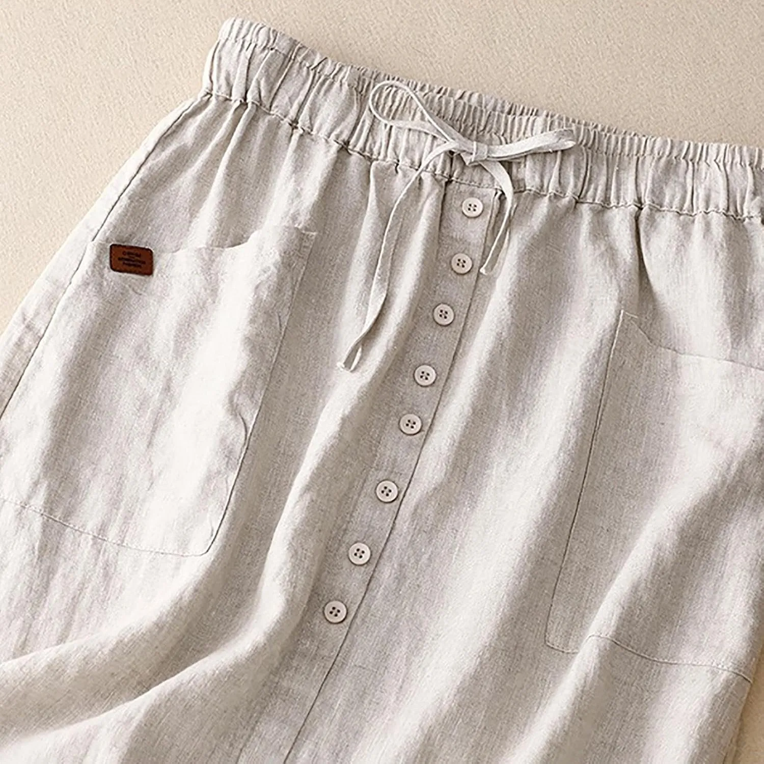 Linen Skirts for Women Summer A Linen Skirts with Pocket Elastic Waist Drawstring Skirt Casual Button Down Midi Skirt