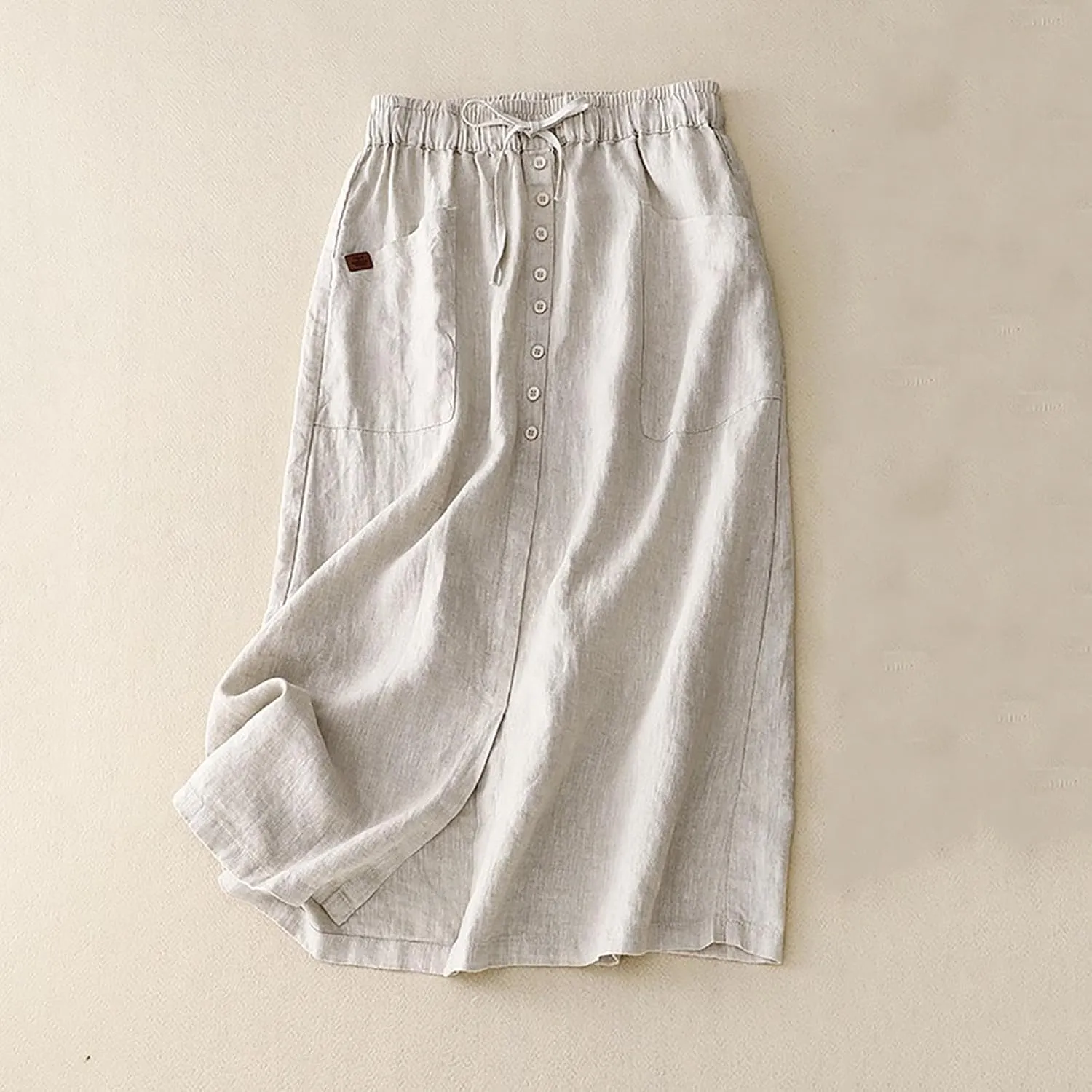 Linen Skirts for Women Summer A Linen Skirts with Pocket Elastic Waist Drawstring Skirt Casual Button Down Midi Skirt