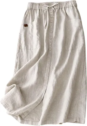 Linen Skirts for Women Summer A Linen Skirts with Pocket Elastic Waist Drawstring Skirt Casual Button Down Midi Skirt