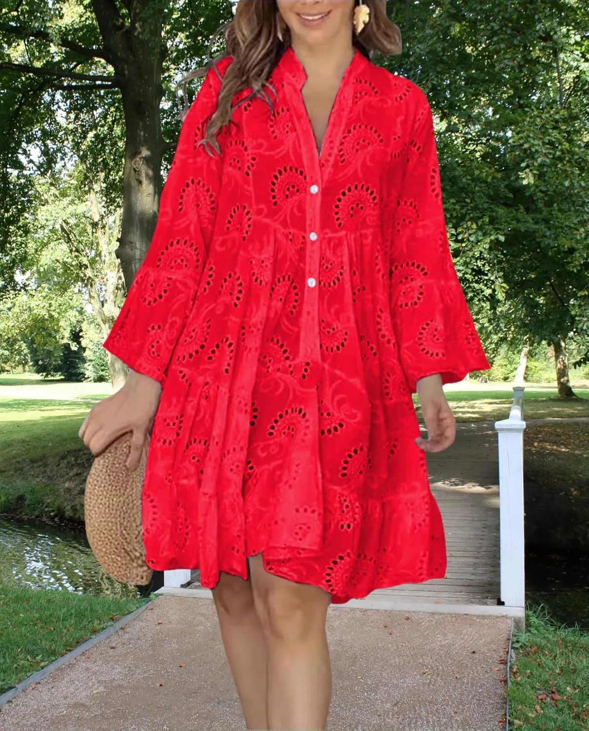 Linen Summer Dress for Women 2025 Boho Beach Vacation Outfit Smocked Wrap Maxi Sundress Plus