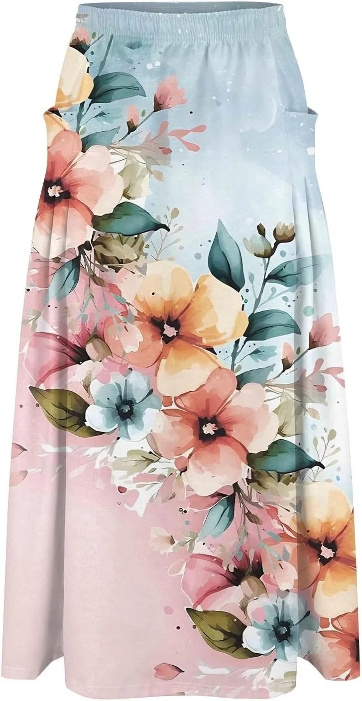 Long Skirts for Women Summer Trendy Elastic Waist Linen Skirts Casual Loose Flowy Vacation Beach Skirts with Pockets