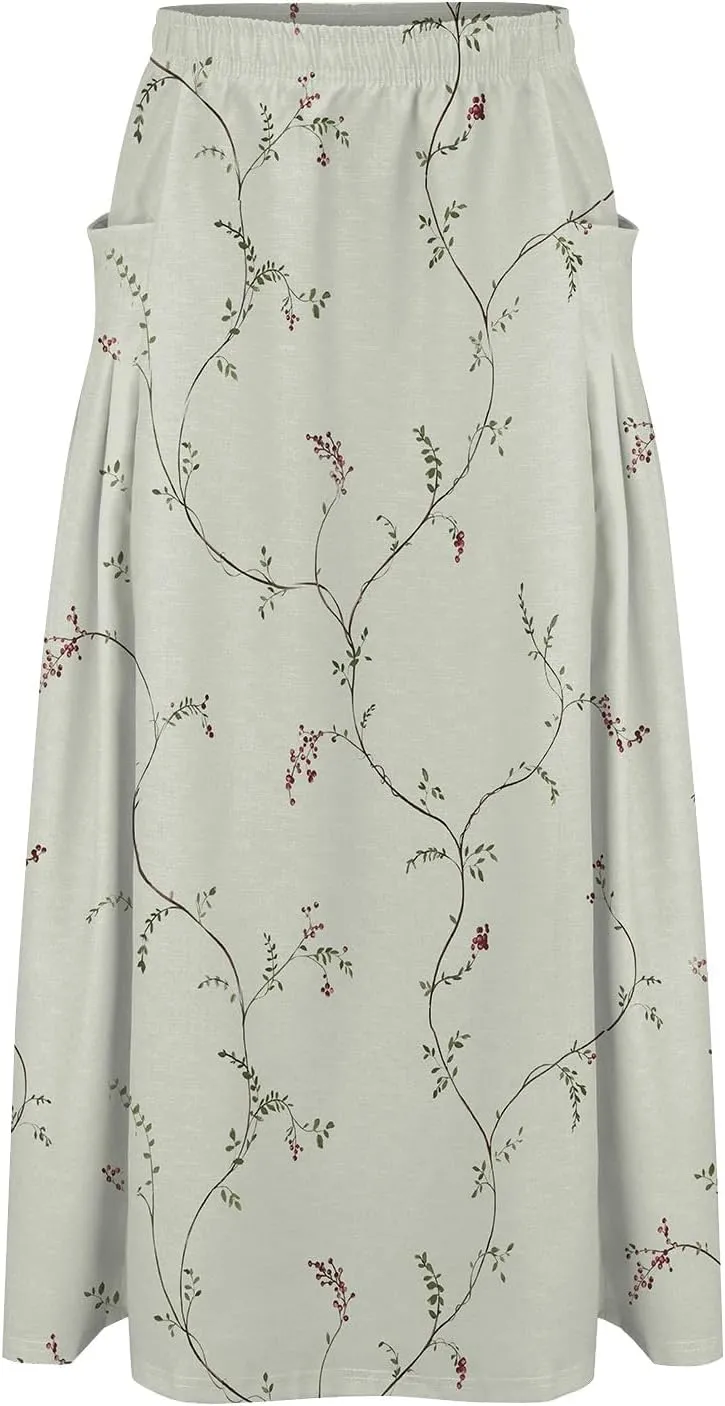 Long Skirts for Women Summer Trendy Elastic Waist Linen Skirts Casual Loose Flowy Vacation Beach Skirts with Pockets