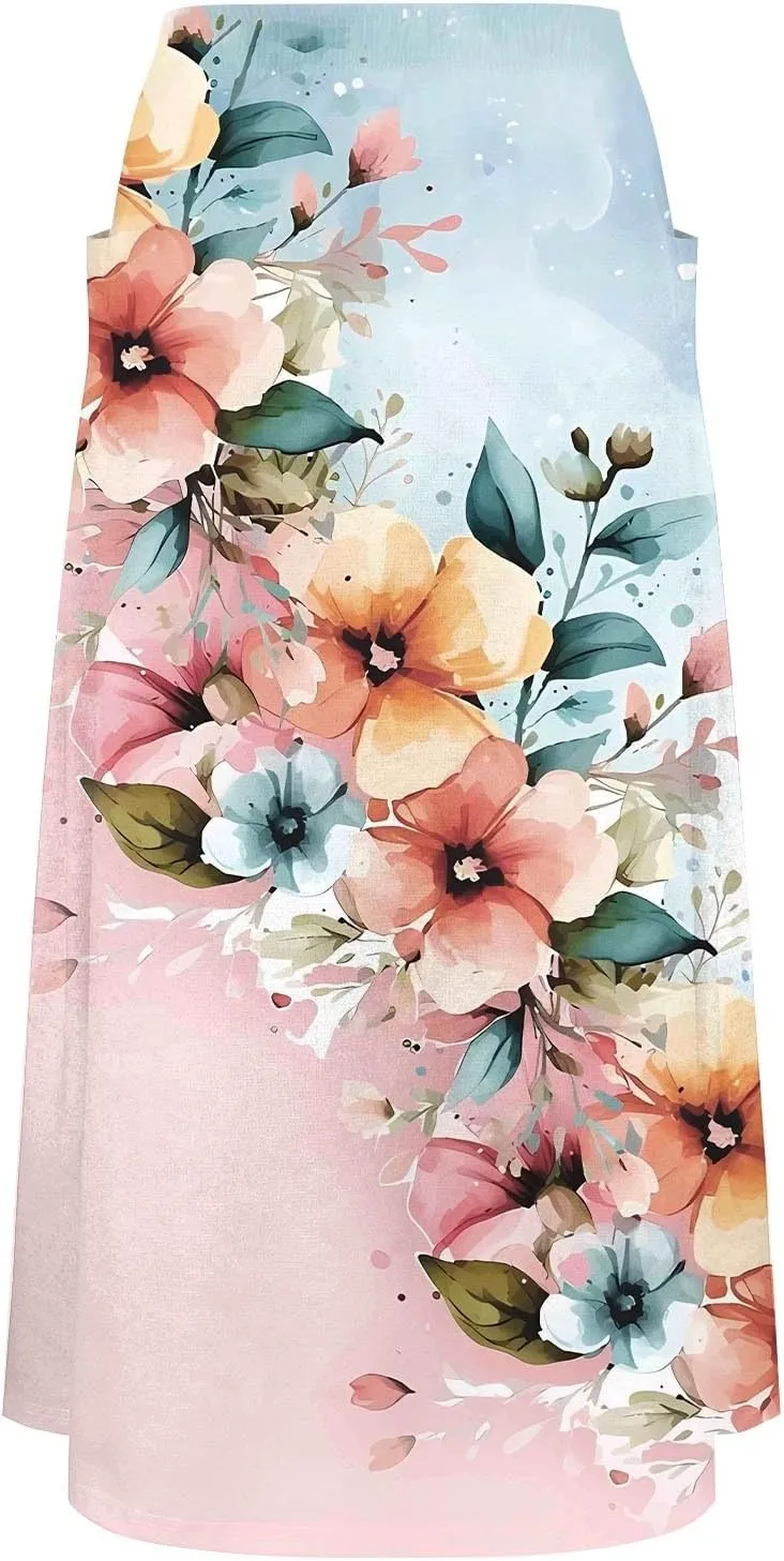 Long Skirts for Women Summer Trendy Elastic Waist Linen Skirts Casual Loose Flowy Vacation Beach Skirts with Pockets