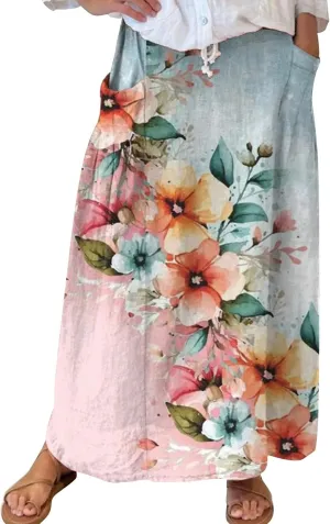 Long Skirts for Women Summer Trendy Elastic Waist Linen Skirts Casual Loose Flowy Vacation Beach Skirts with Pockets