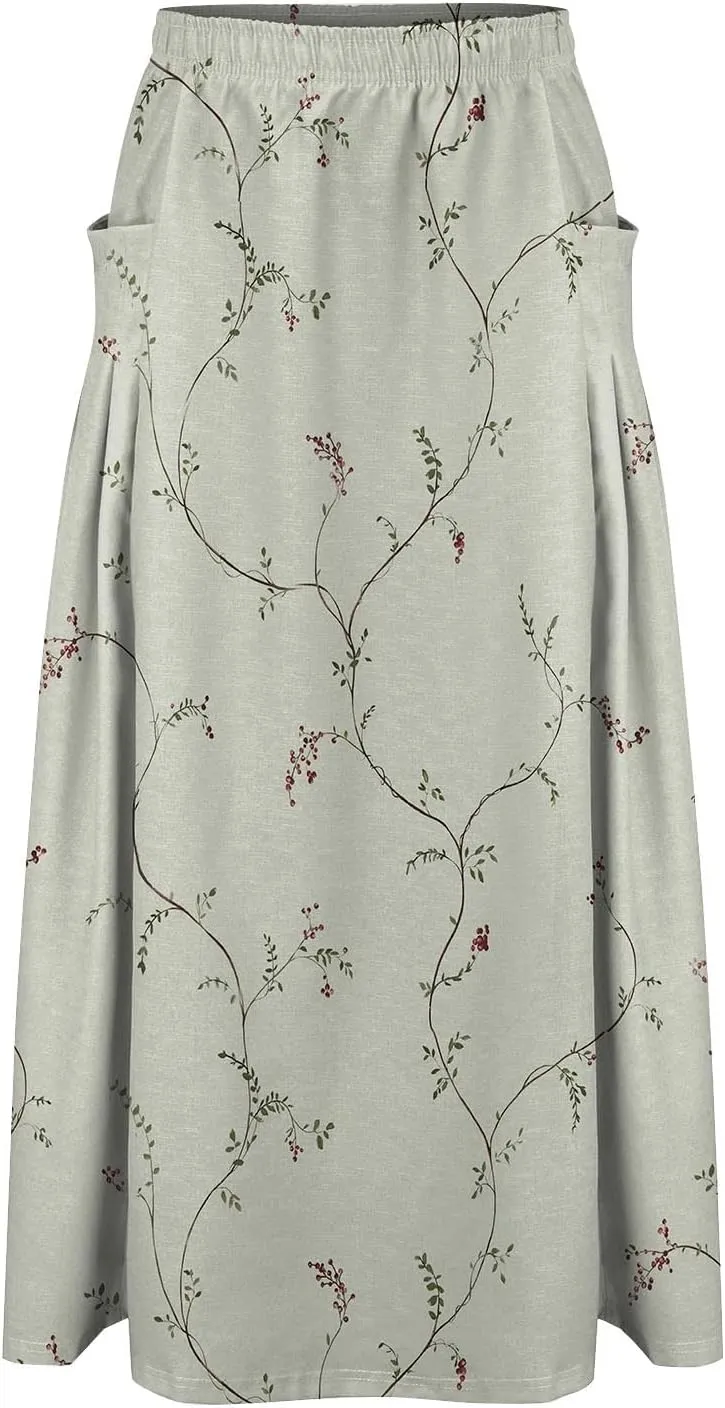 Long Skirts for Women Summer Trendy Elastic Waist Linen Skirts Casual Loose Flowy Vacation Beach Skirts with Pockets