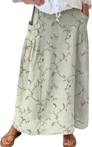 Long Skirts for Women Summer Trendy Elastic Waist Linen Skirts Casual Loose Flowy Vacation Beach Skirts with Pockets