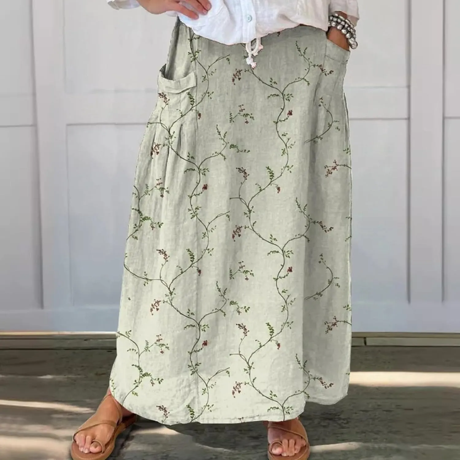 Long Skirts for Women Summer Trendy Elastic Waist Linen Skirts Casual Loose Flowy Vacation Beach Skirts with Pockets