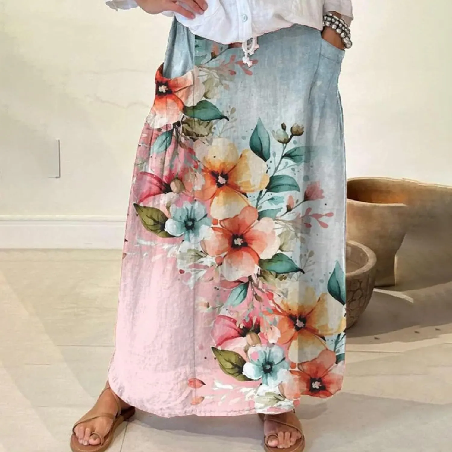 Long Skirts for Women Summer Trendy Elastic Waist Linen Skirts Casual Loose Flowy Vacation Beach Skirts with Pockets