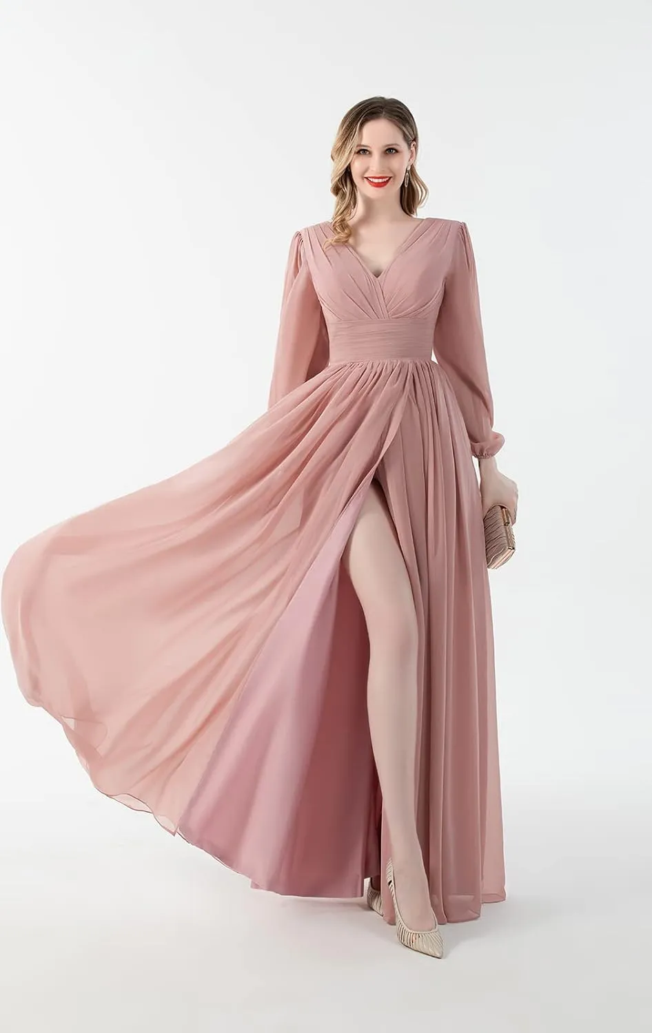 Long Sleeve Bridesmaid Dresses for Women Wedding Guest 2025 Chiffon V-Neck Pleated Formal Prom Dress with Slit