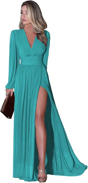 Long Sleeve Bridesmaid Dresses for Women Wedding Guest 2025 Chiffon V-Neck Pleated Formal Prom Dress with Slit