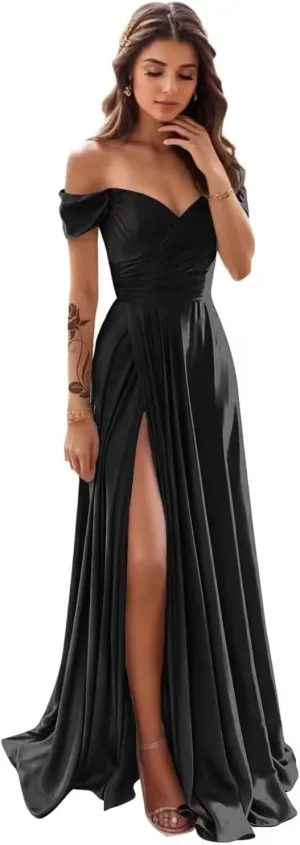 LORIE Womens Off Shoulder Bridesmaid Dresses for Wedding Long Ruched Satin Prom Dress 2025 with Slit Formal Evening Gowns