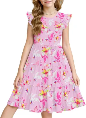 LQSZ Girls Summer Dresses with Ruffle Short Sleeve Midi Casual A-Line Twirly School Sundress Size 3-12 Years
