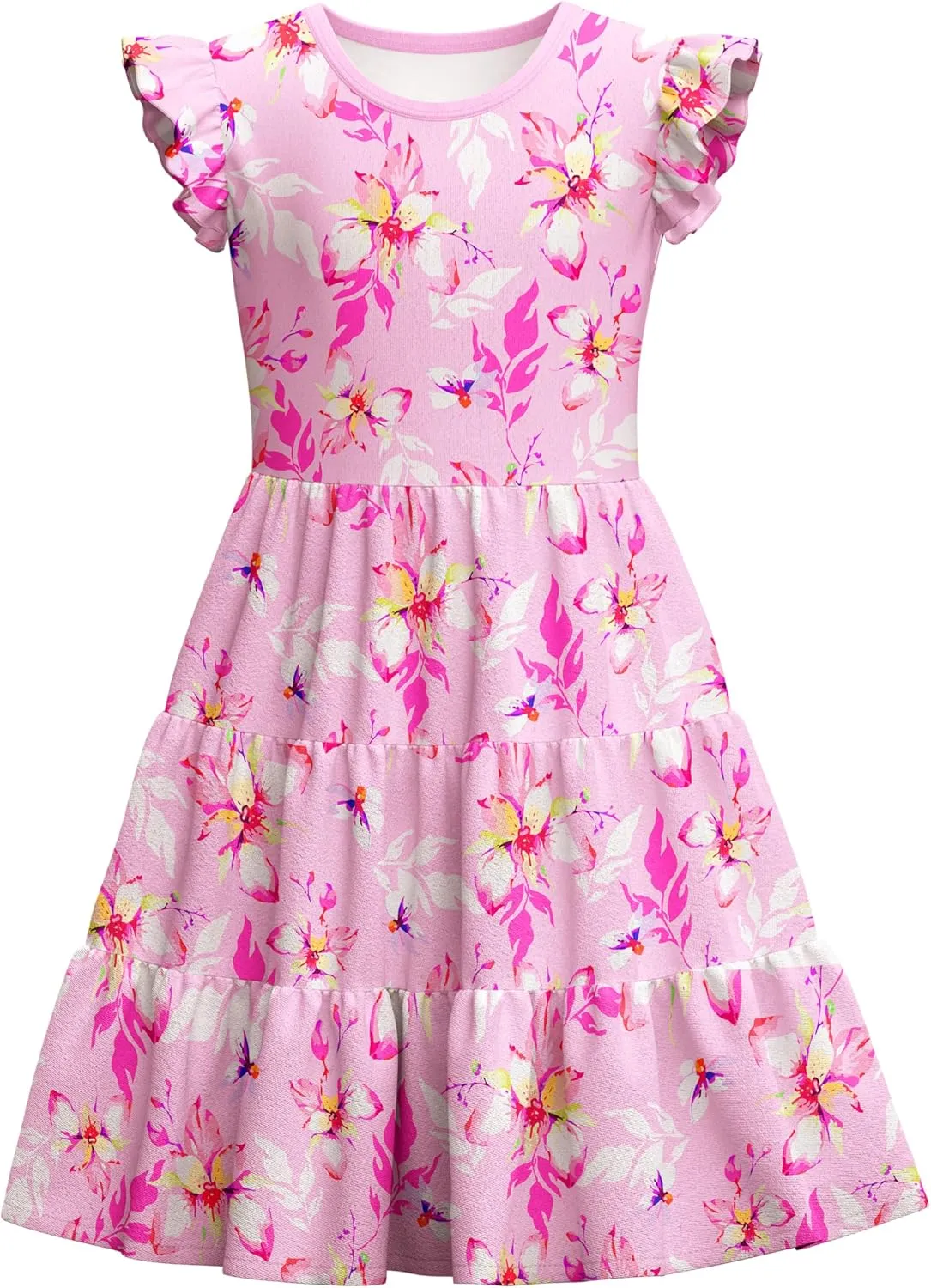 LQSZ Girls Summer Dresses with Ruffle Short Sleeve Midi Casual A-Line Twirly School Sundress Size 3-12 Years