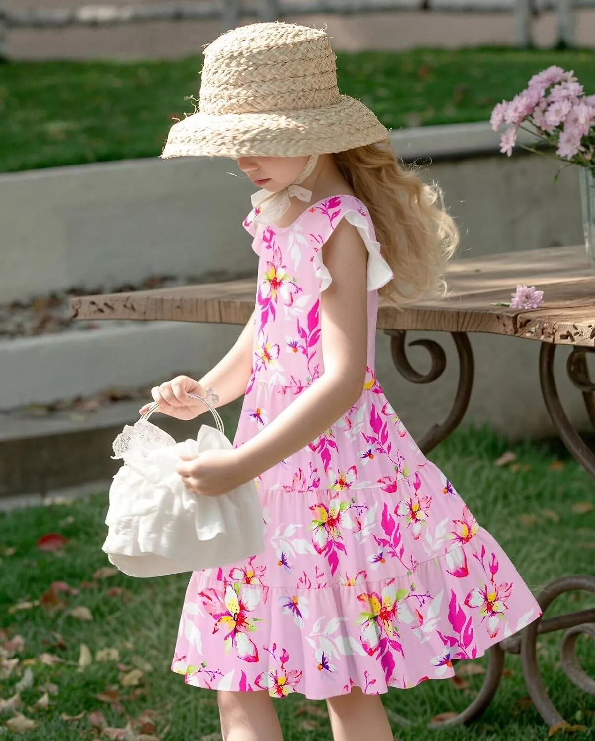 LQSZ Girls Summer Dresses with Ruffle Short Sleeve Midi Casual A-Line Twirly School Sundress Size 3-12 Years