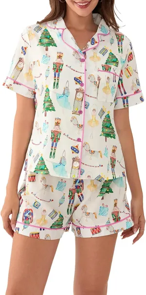 Luckinbaby Women Christmas Satin Pajamas Shorts Set Xmas Print 2 Piece Outfits Set Short Sleeve Button Shirts Pj Shorts Set