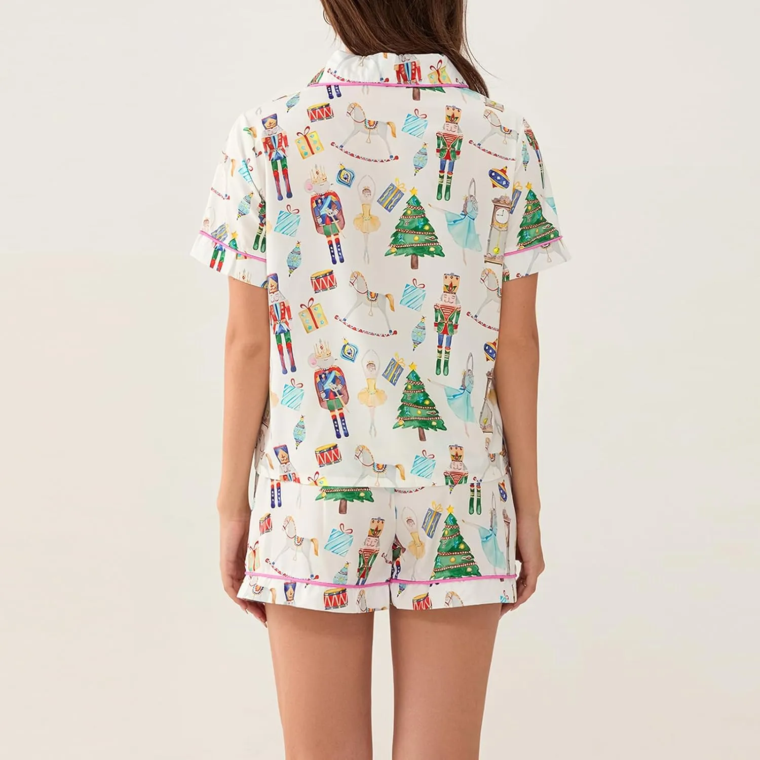 Luckinbaby Women Christmas Satin Pajamas Shorts Set Xmas Print 2 Piece Outfits Set Short Sleeve Button Shirts Pj Shorts Set