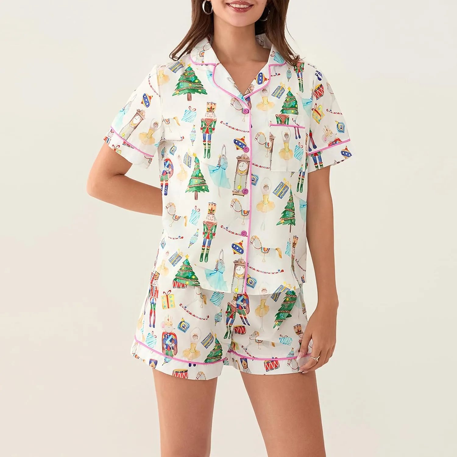 Luckinbaby Women Christmas Satin Pajamas Shorts Set Xmas Print 2 Piece Outfits Set Short Sleeve Button Shirts Pj Shorts Set