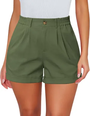 luvamia Shorts for Women High Waisted Dressy Casual Cotton Stretch Twill Elastic Wasit Pleated Summer Shorts with Pocket