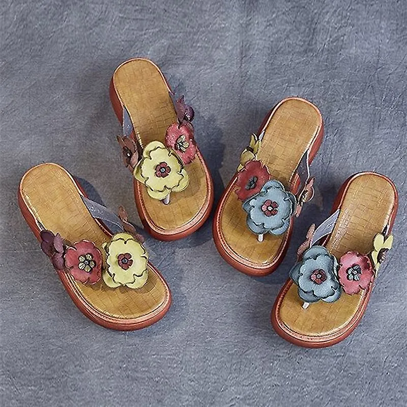 Luxurious Tanned Cowhide Flower Power Platform Flip-Flops