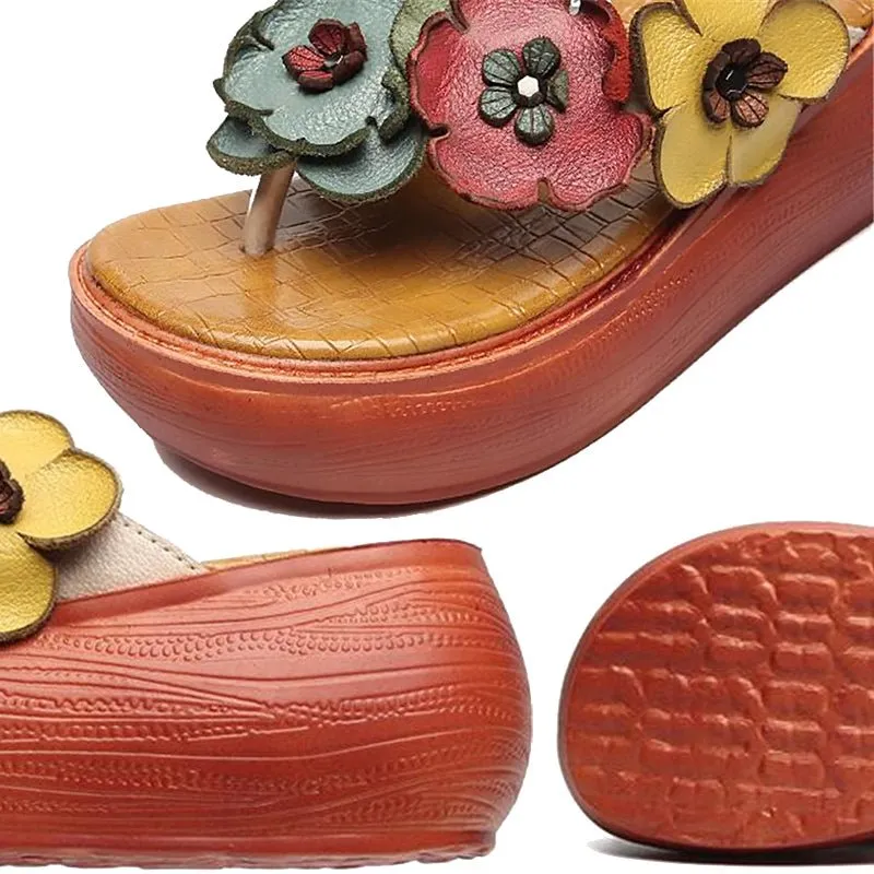 Luxurious Tanned Cowhide Flower Power Platform Flip-Flops