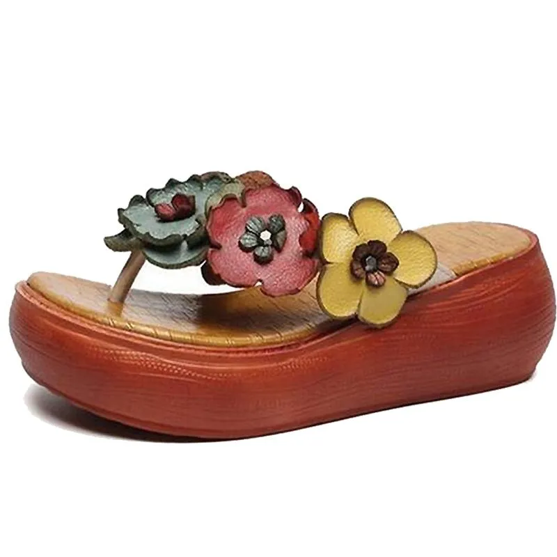 Luxurious Tanned Cowhide Flower Power Platform Flip-Flops