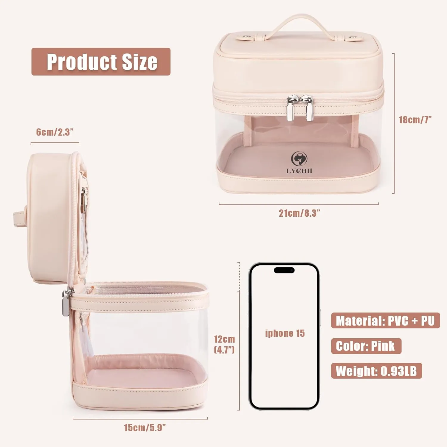 Lychii TSA Approved Toiletry Bag, Clear Travel Bag for Liquids Toiletries, Makeup Cosmetic Bag Organizer, Carry on Travel Accessories Essentials - Pink