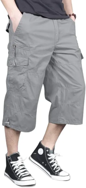 MAGNIVIT Men's Capri Long Elastic Cargo Shorts Below Knee Shorts 3/4 Cotton Cargo Casual Shorts with Multi-Pockets
