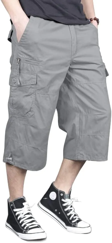 MAGNIVIT Men's Capri Long Elastic Cargo Shorts Below Knee Shorts 3/4 Cotton Cargo Casual Shorts with Multi-Pockets