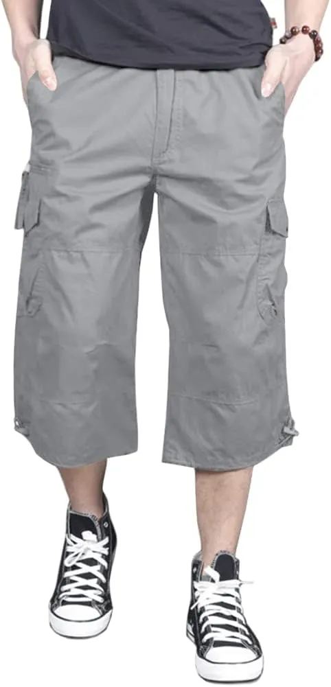MAGNIVIT Men's Capri Long Elastic Cargo Shorts Below Knee Shorts 3/4 Cotton Cargo Casual Shorts with Multi-Pockets