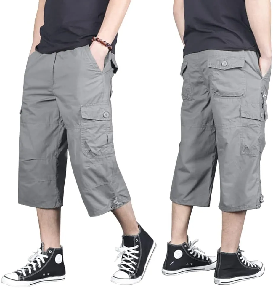 MAGNIVIT Men's Capri Long Elastic Cargo Shorts Below Knee Shorts 3/4 Cotton Cargo Casual Shorts with Multi-Pockets