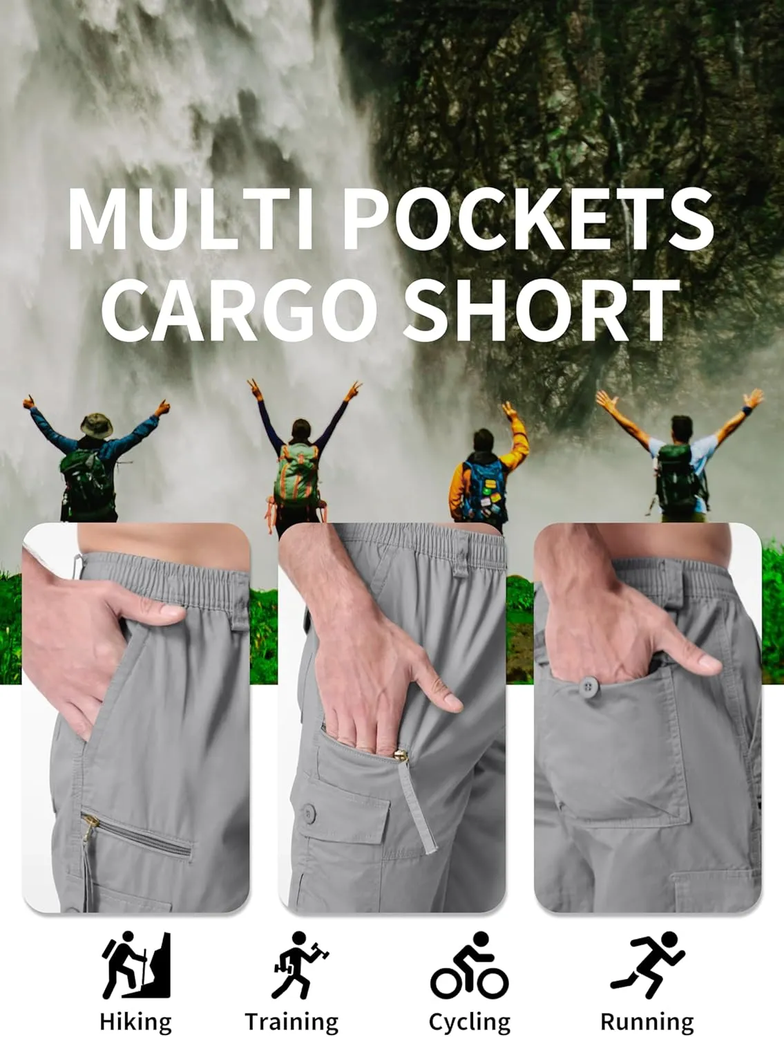 MAGNIVIT Men's Capri Long Elastic Cargo Shorts Below Knee Shorts 3/4 Cotton Cargo Casual Shorts with Multi-Pockets