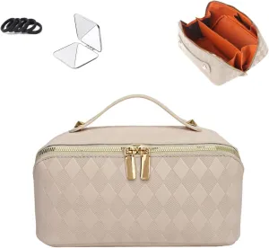 Makeup Bag Travel Cosmetic Bag, Large Capacity, Portable, PU Leather Waterproof Toiletry Bag, with a makeup mirrow & 5 Hair Ties, Perfect for Travel & Daily Use, White
