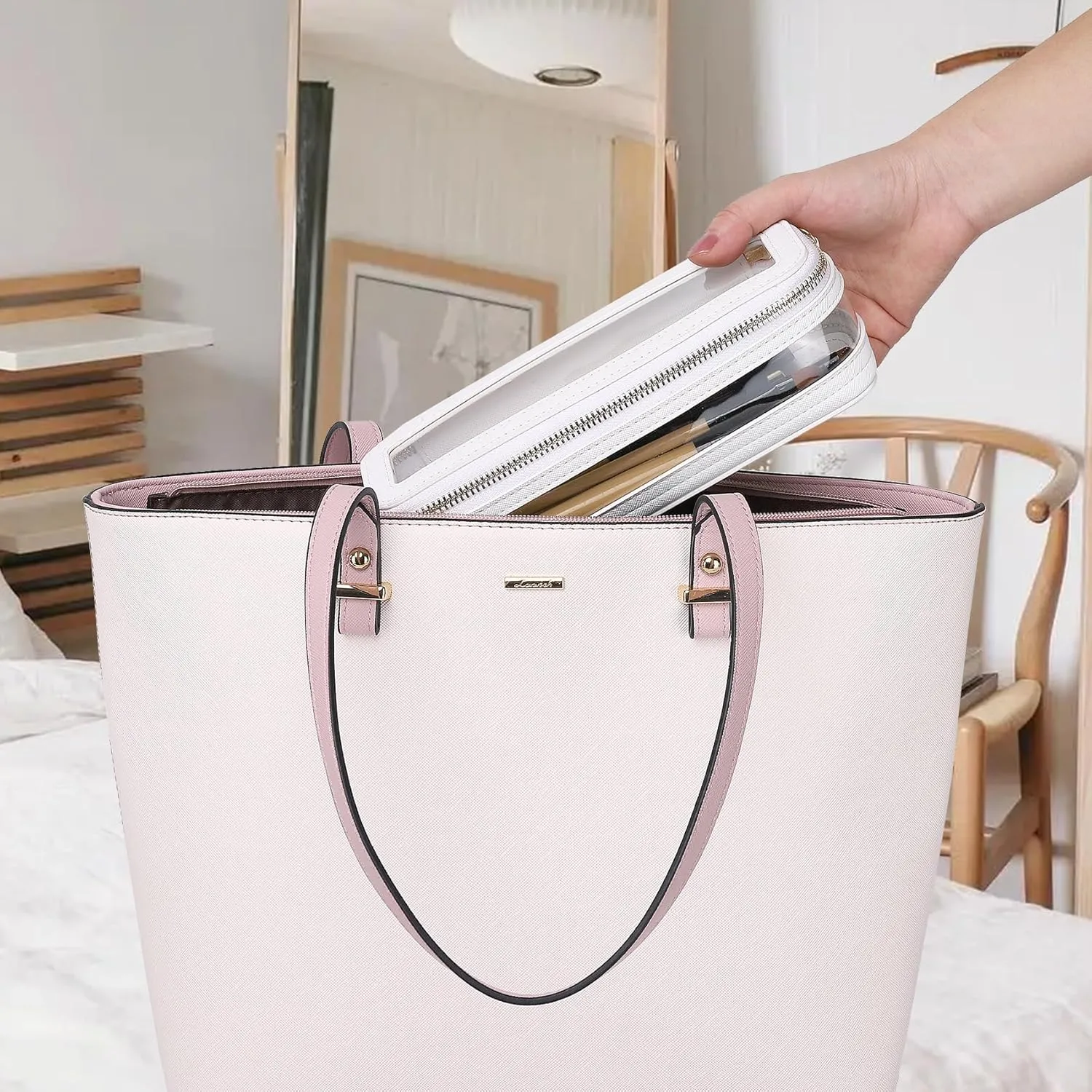 Makeup Brush Case Clear Travel Cosmetic & Toiletry Bag Slim Makeup Bag with Zipper Small Purse Organizer Car Essential Bag for Women (White, SLIM-1)