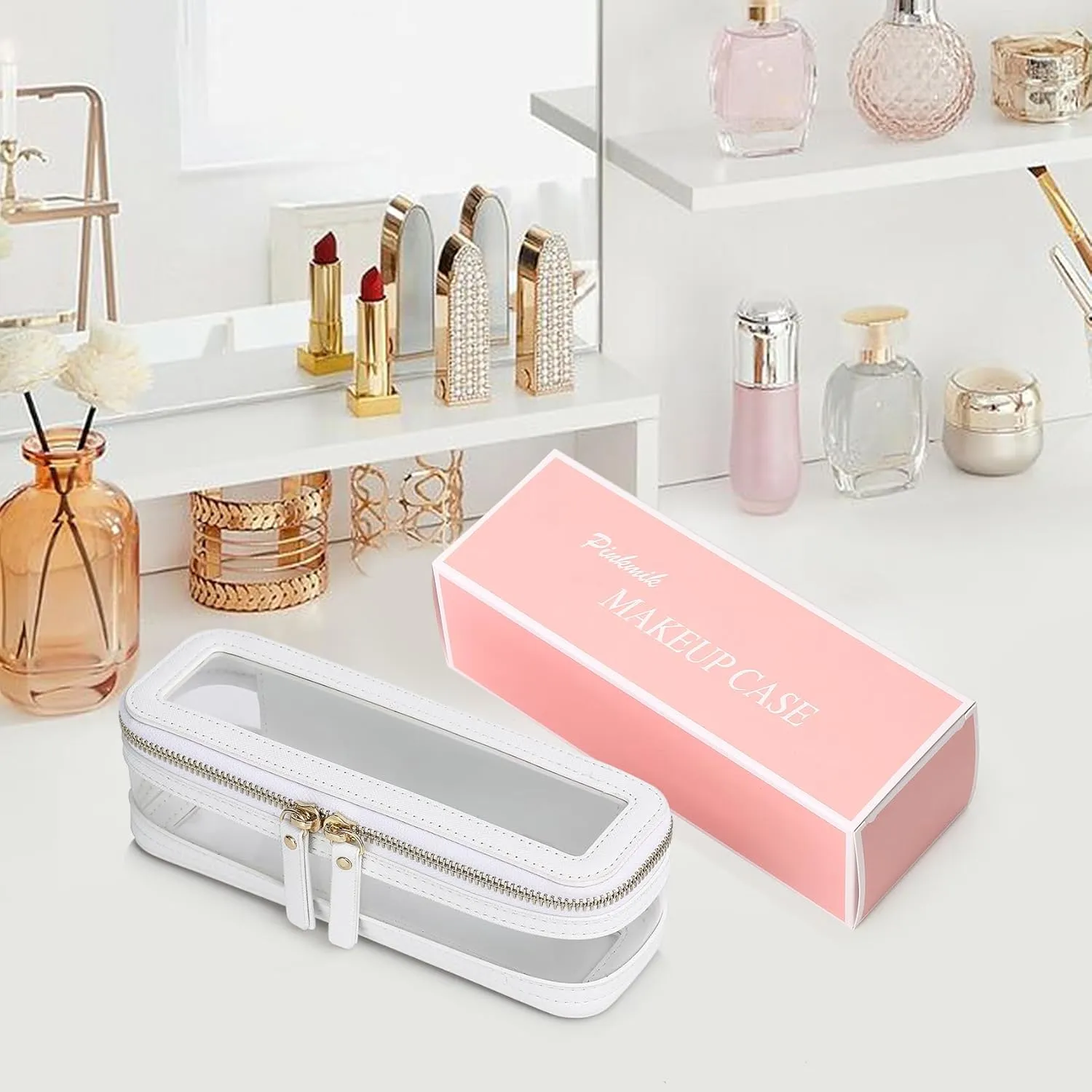 Makeup Brush Case Clear Travel Cosmetic & Toiletry Bag Slim Makeup Bag with Zipper Small Purse Organizer Car Essential Bag for Women (White, SLIM-1)