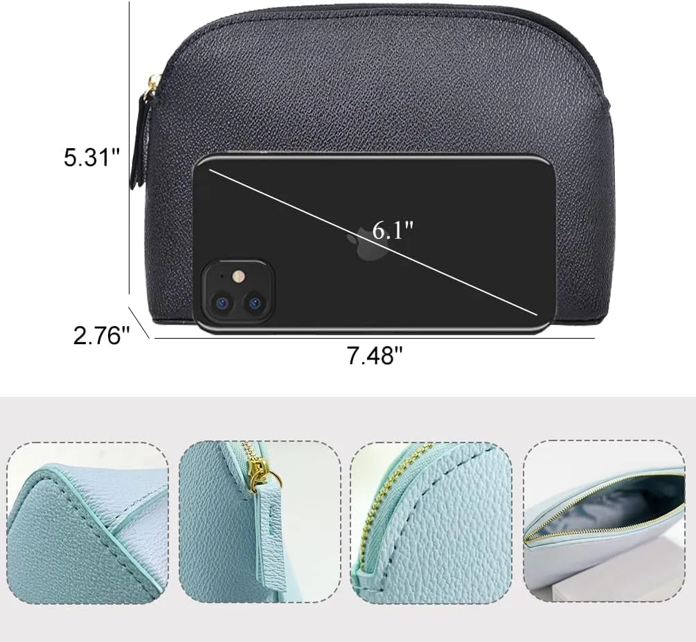 Makeup Pouch for Purse, Waterproof Cosmetic Organizer Bag Pu Leather Travel Pouch (Black)