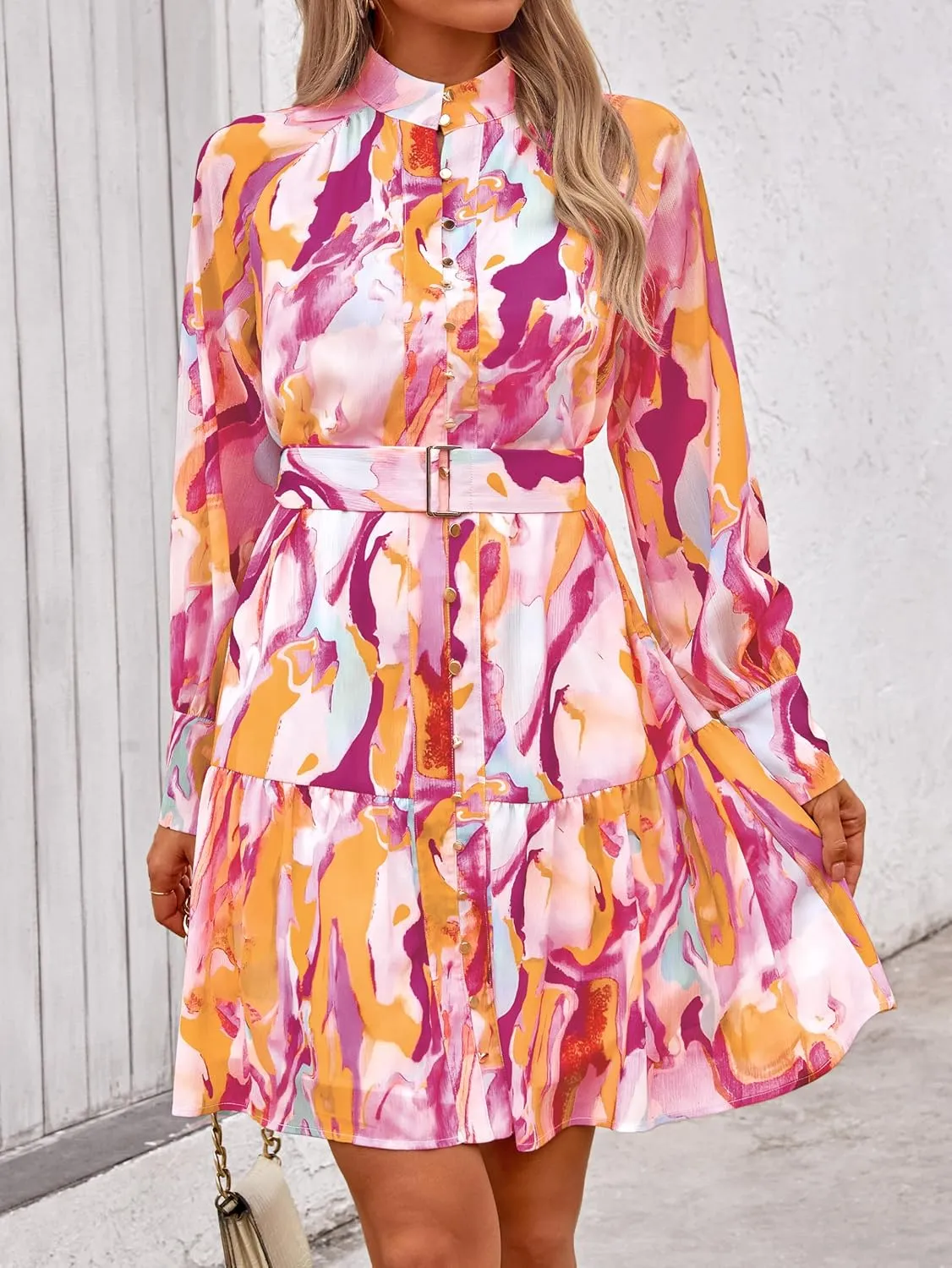 MASCOMODA Spring Fall Short Floral Dresses 2025 Elegant Casual Long Sleeve Button Chiffon A-Line Flowy Mini Work Shirt Dress