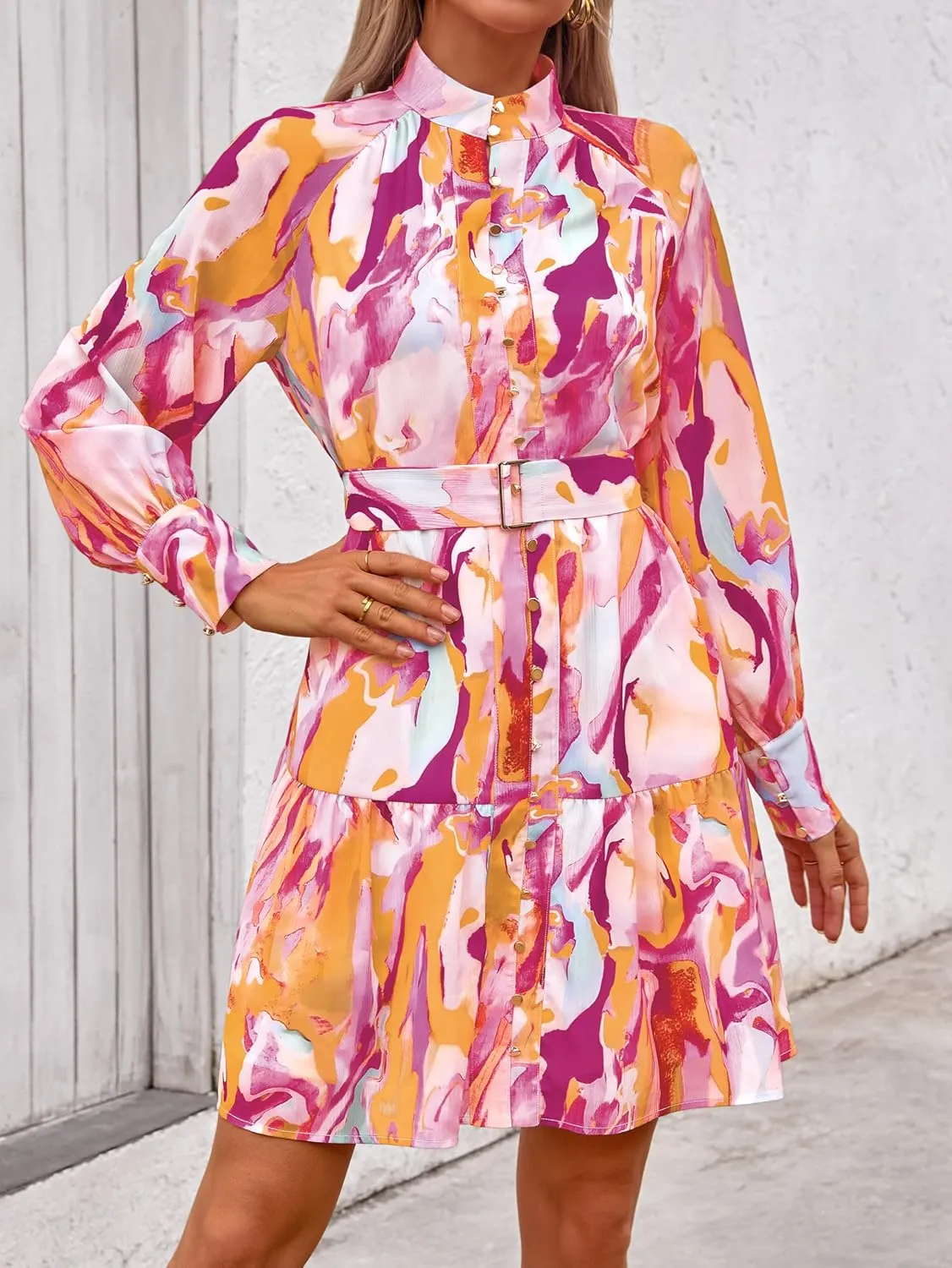 MASCOMODA Spring Fall Short Floral Dresses 2025 Elegant Casual Long Sleeve Button Chiffon A-Line Flowy Mini Work Shirt Dress